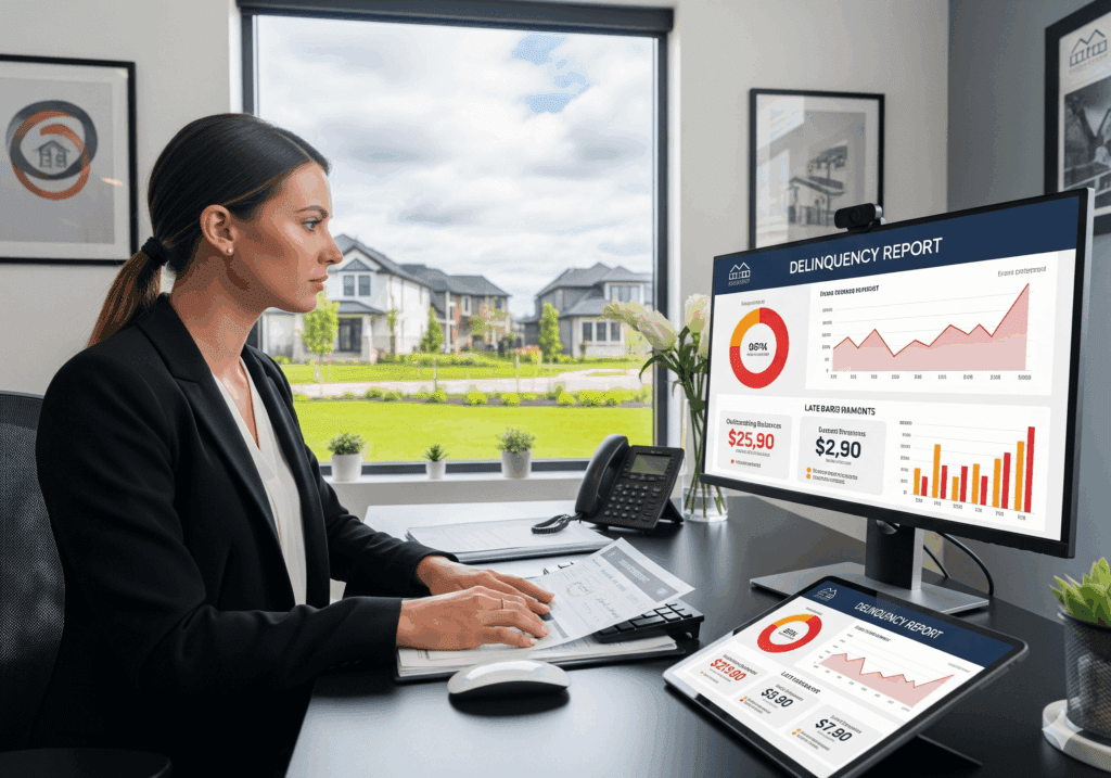 Property manager reviewing delinquency report on computer