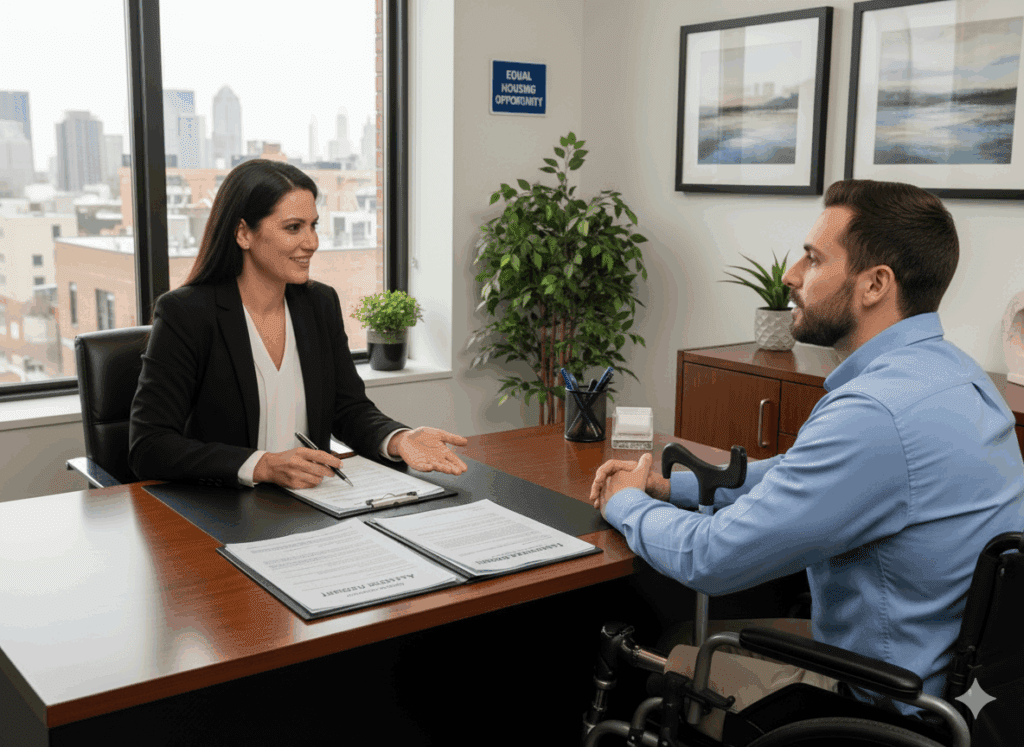 Property manager meeting tenant with disability in office