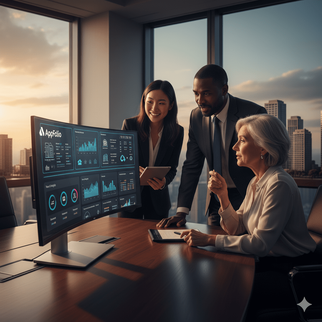 Property managers reviewing AppFolio dashboard data in office meeting.