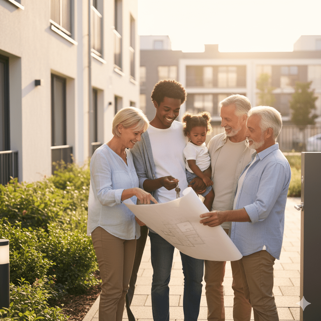 Property manager handing keys to new tenants with building plans.