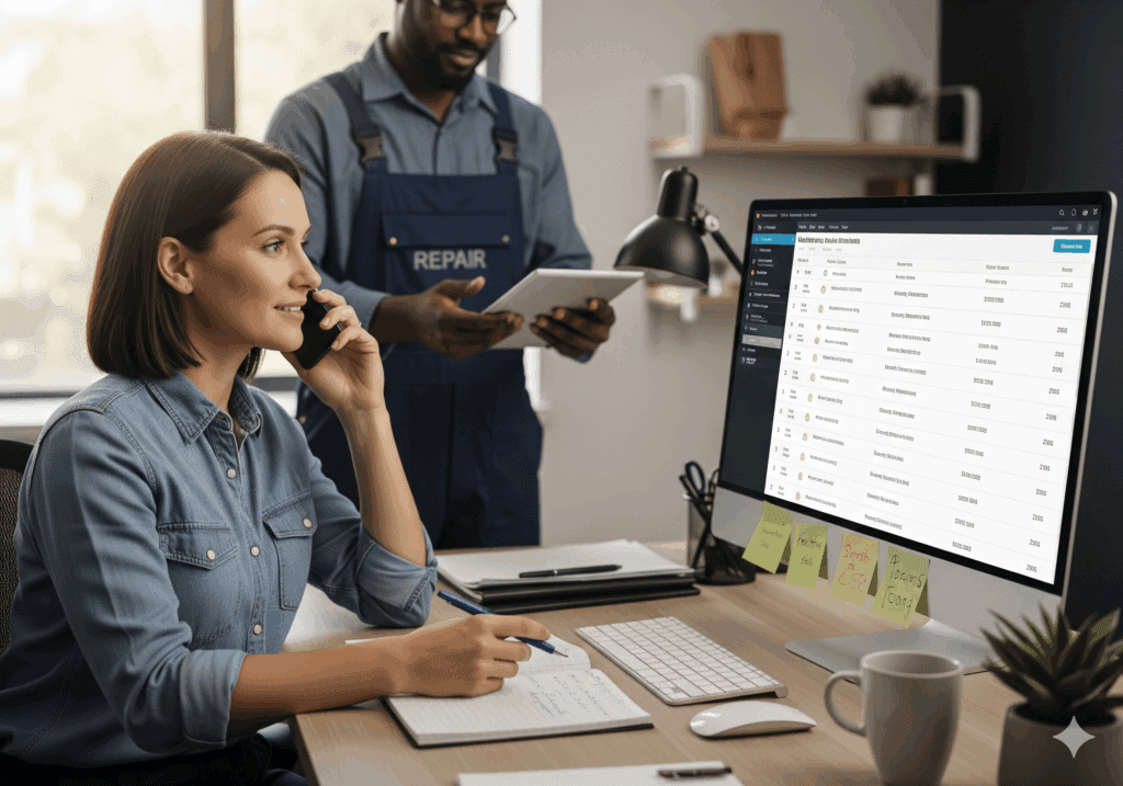 Property manager coordinating repairs with maintenance software