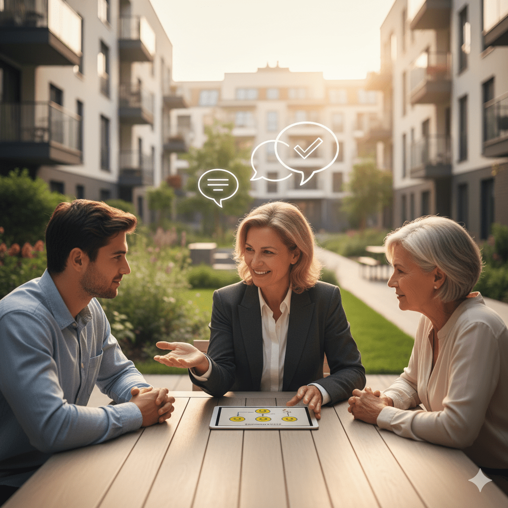 Property manager meeting tenants to discuss satisfaction and communication.