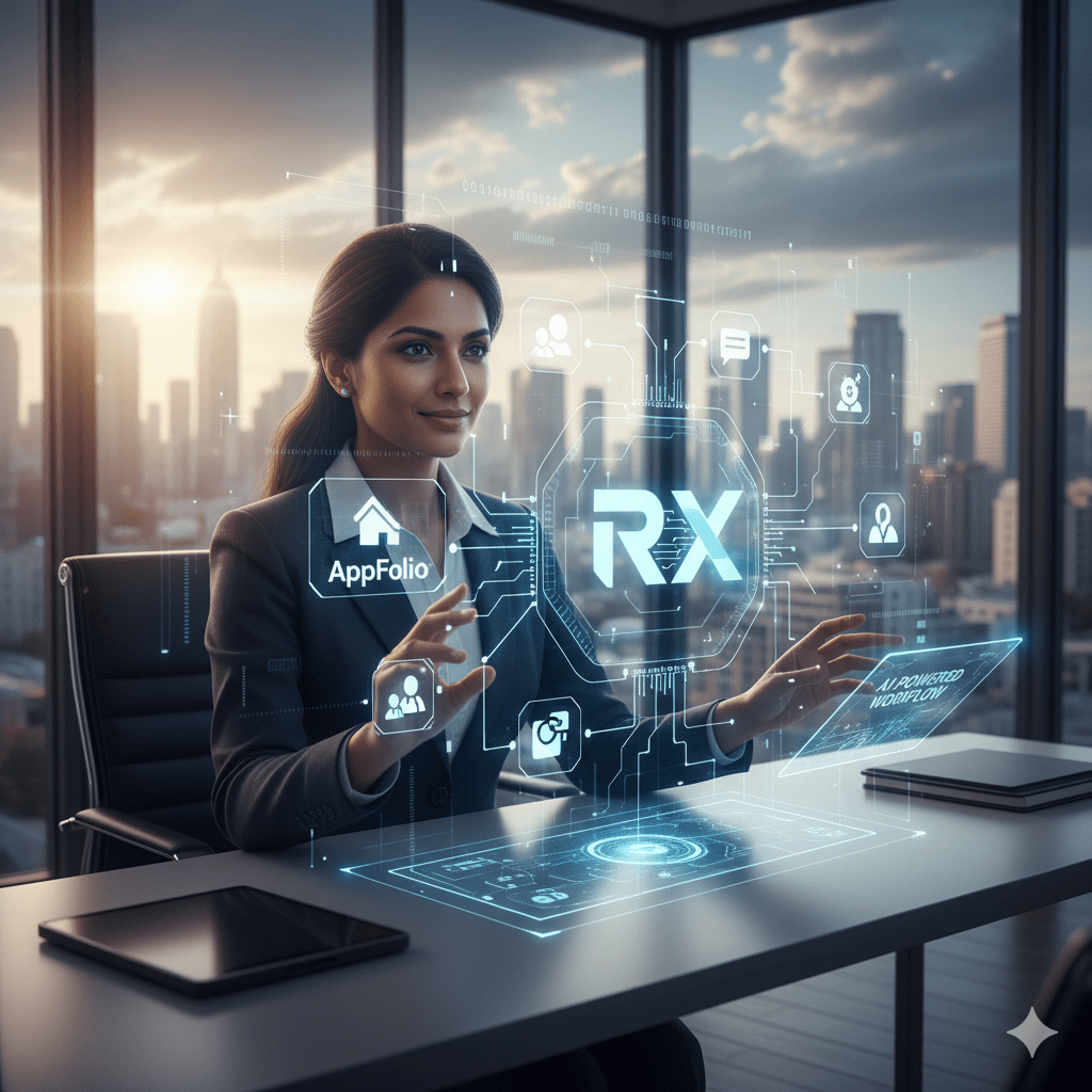 Professional using AppFolio Realm-X AI for property management automation.