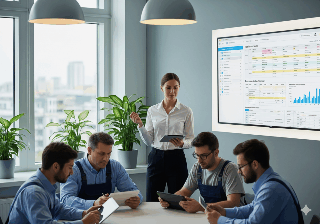 Property manager training maintenance team with digital reports