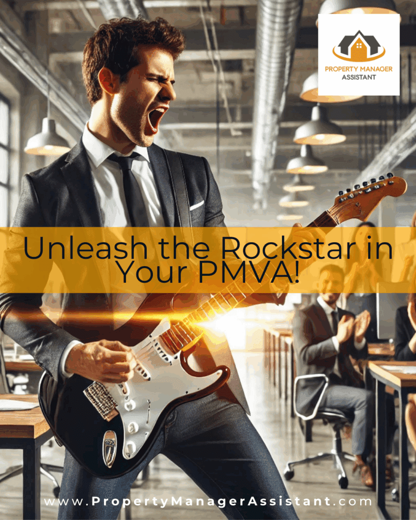 Business professional rocking guitar promoting Property Manager Virtual Assistant.
