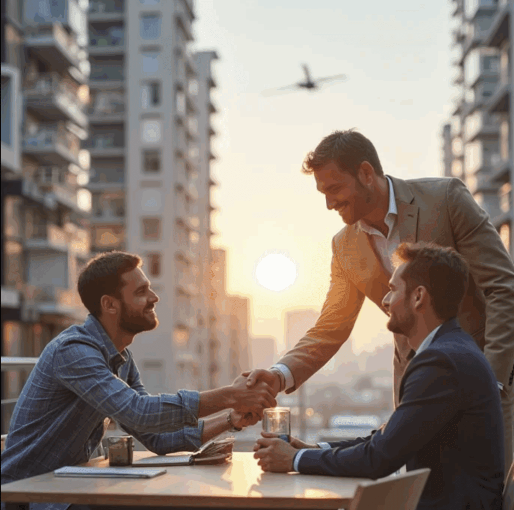 Business professionals shaking hands during meeting at sunset in city.
