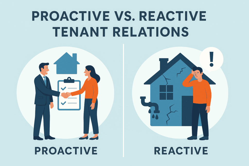 Proactive vs reactive tenant relations illustration for property management.