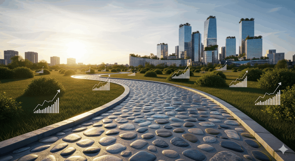 Pathway to city skyline with growth charts symbolizing business success