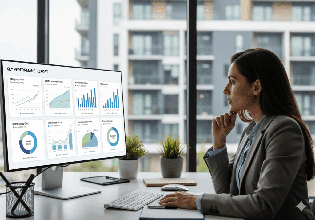 Property manager reviewing KPI performance report on screen