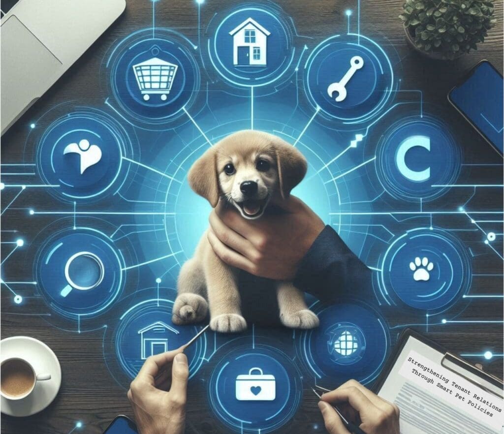Pet-friendly rental policies concept with puppy and digital property management icons.