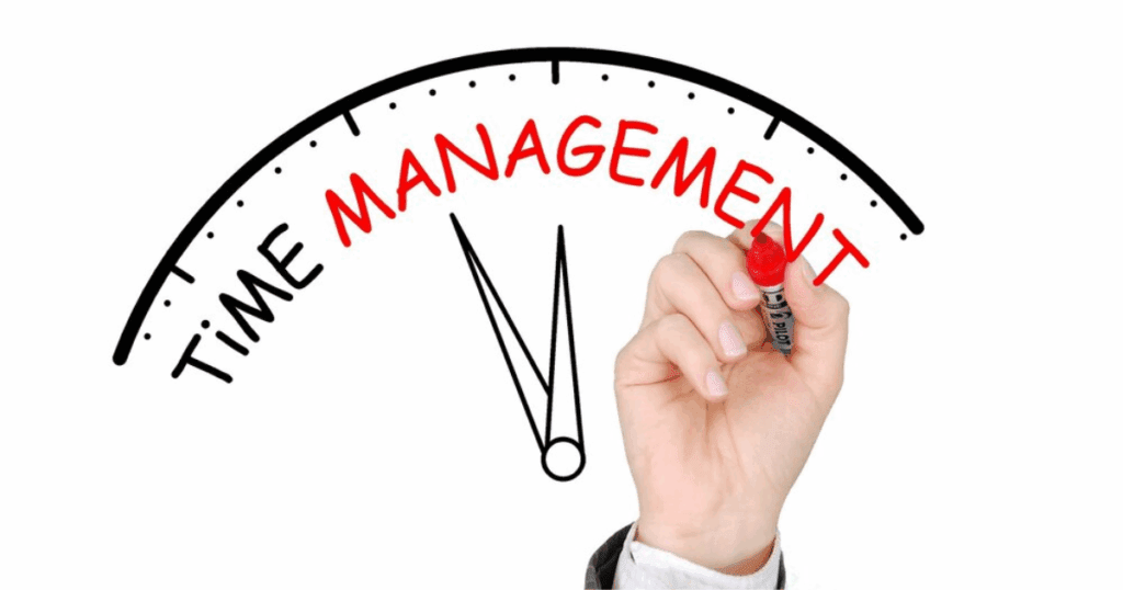 Time management concept with clock and hand writing management in red marker.