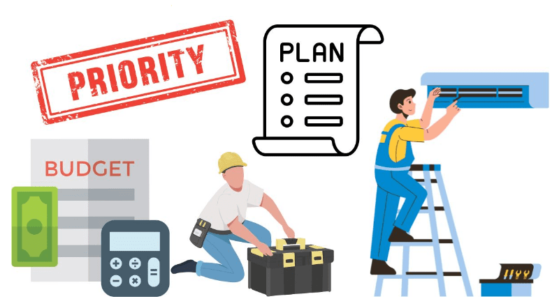 Property maintenance planning with budget, priorities, and contractor repairs.